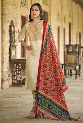 Beige color silk blend fancy partywear suit with classy looks 1