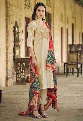 Beige color silk blend fancy partywear suit with classy looks 2