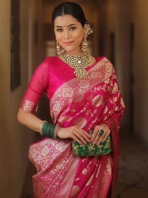 Pink silk blend banarasi jaquard designer saree with blouse 1