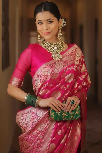 Pink soft silk blend banarasi jacuard work designer saree with blouse