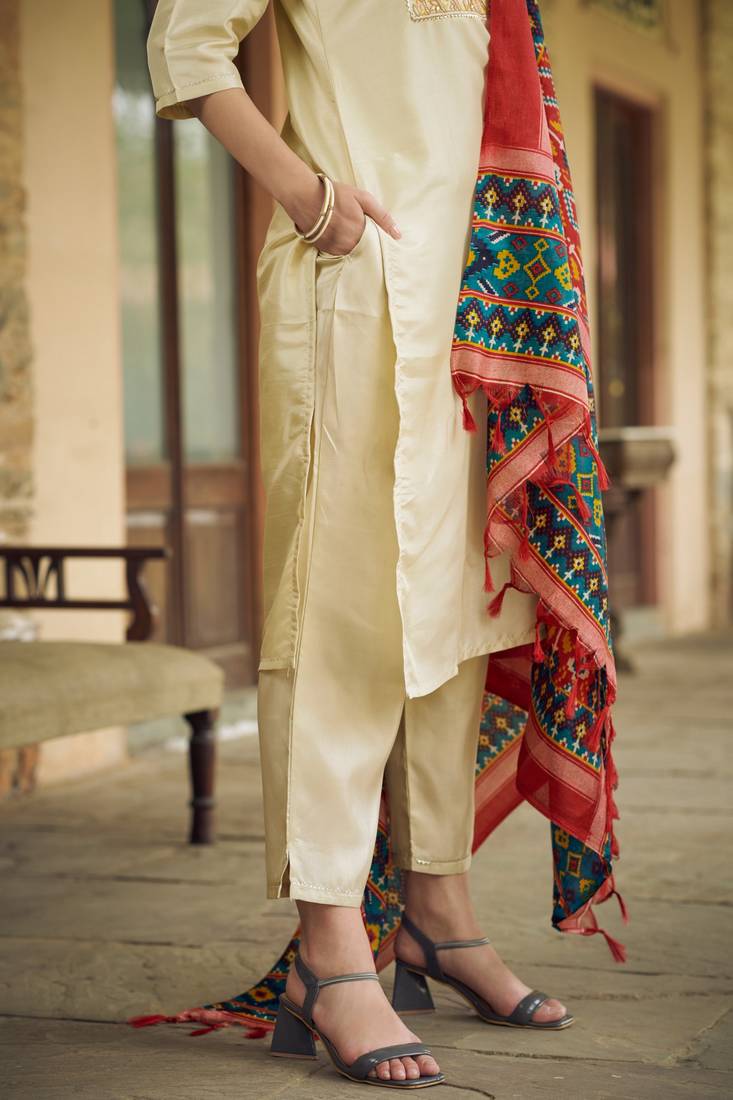 Beige color silk blend ethnic fancy partywear suit with classy looks