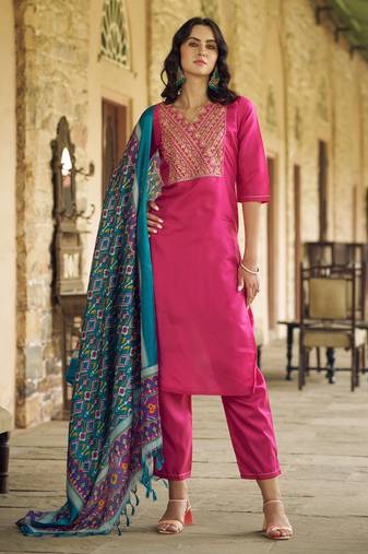 Pink color silk blend ethnic fancy partywear suit with classy looks