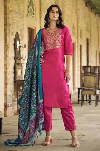 Pink color silk blend ethnic fancy partywear suit with classy looks