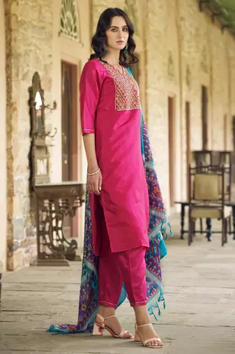 Pink color silk blend fancy partywear suit with classy looks