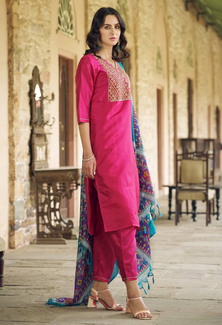 Pink color silk blend ethnic fancy partywear suit with classy looks