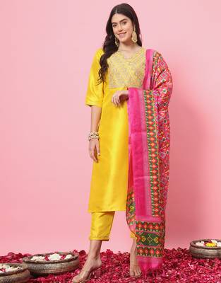 Yellow color silk blend fancy partywear suit with classy looks 1