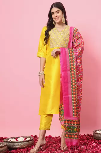 Yellow color silk blend ethnic fancy partywear suit with classy looks