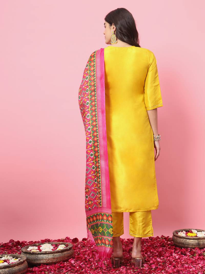 Yellow color silk blend ethnic fancy partywear suit with classy looks