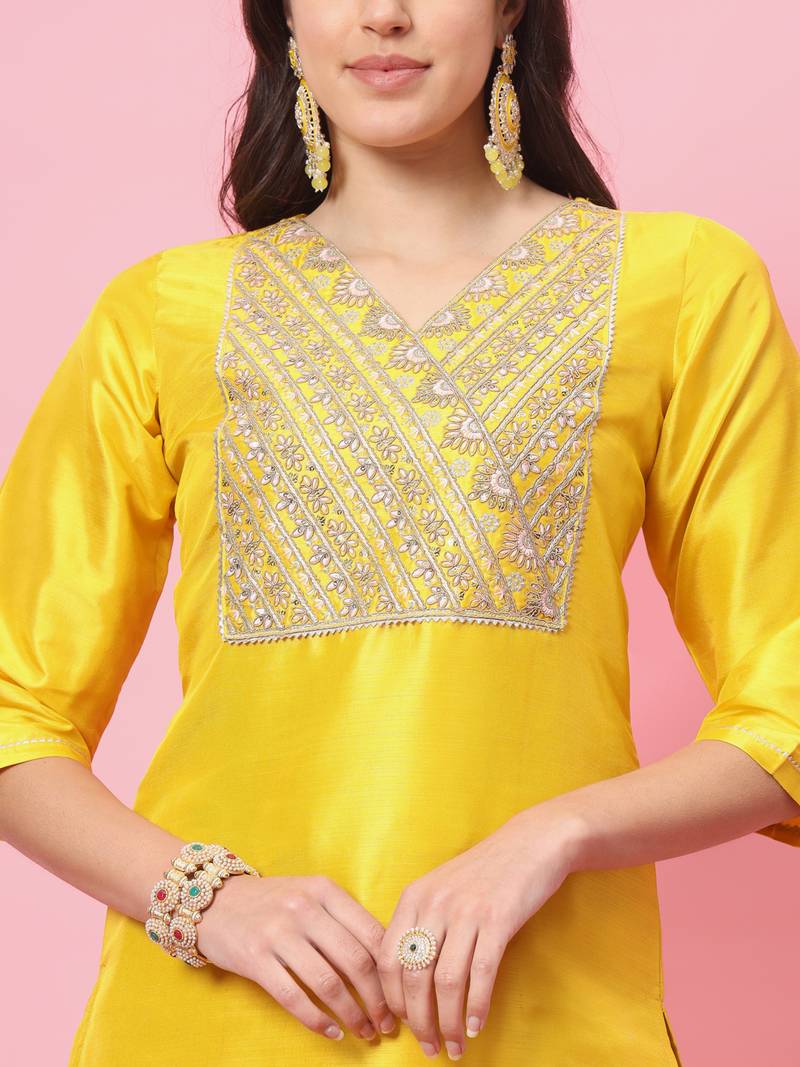 Yellow color silk blend ethnic fancy partywear suit with classy looks