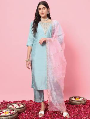 Sky blue color silk blend fancy partywear suit with classy looks 1