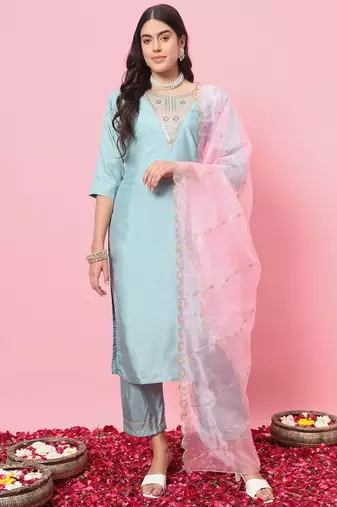 Sky blue color silk blend ethnic fancy partywear suit with classy looks