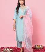 Sky blue color silk blend ethnic fancy partywear suit with classy looks