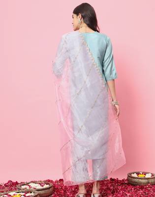Sky blue color silk blend fancy partywear suit with classy looks 2