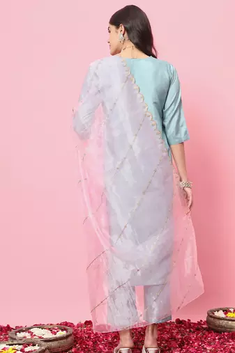 Sky blue color silk blend fancy partywear suit with classy looks