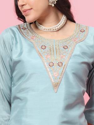 Sky blue color silk blend fancy partywear suit with classy looks 3