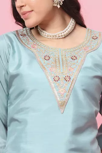 Sky blue color silk blend fancy partywear suit with classy looks
