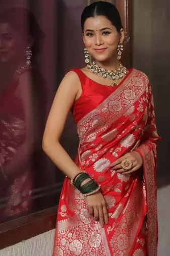 Red soft silk blend banarasi jacuard work designer saree with blouse