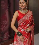 Red soft silk blend banarasi jacuard work designer saree with blouse