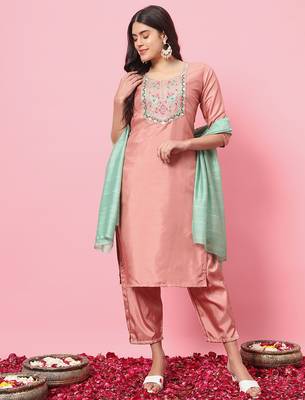 Peach color silk blend fancy partywear suit with classy looks 1