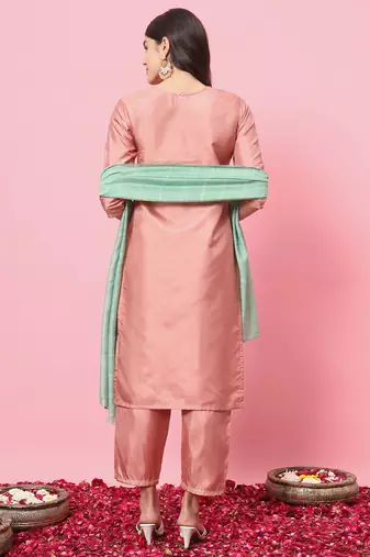 Peach color silk blend fancy partywear suit with classy looks