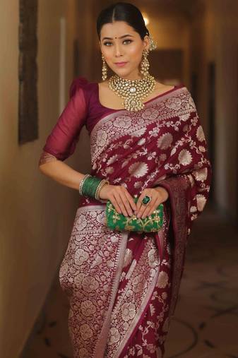 Maroon soft silk blend banarasi jacuard work designer saree with blouse