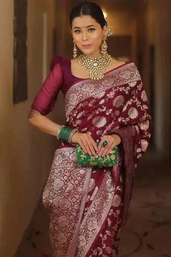 Maroon soft silk blend banarasi jacuard work designer saree with blouse