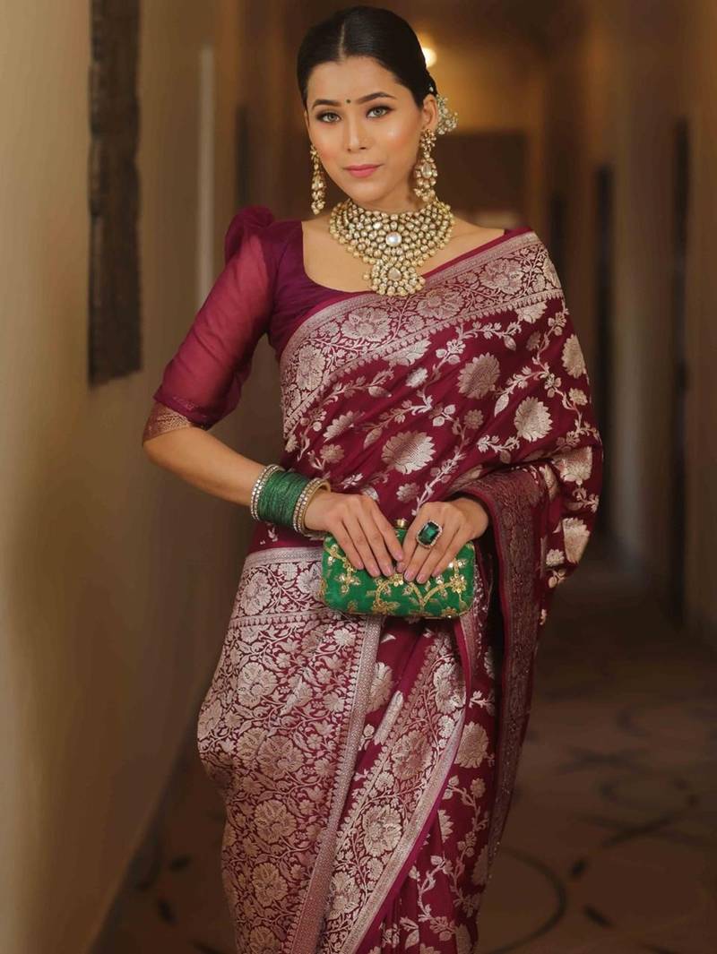 Maroon soft silk blend banarasi jacuard work designer saree with blouse