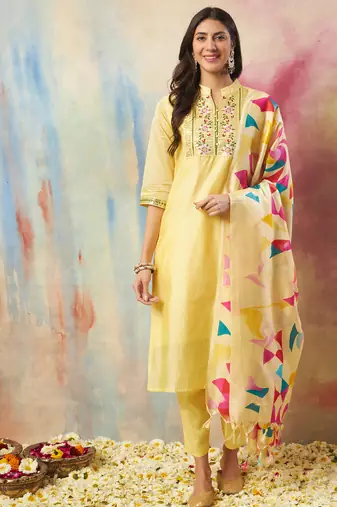 Yellow color chanderi modal ethnic fancy partywear suit with classy looks