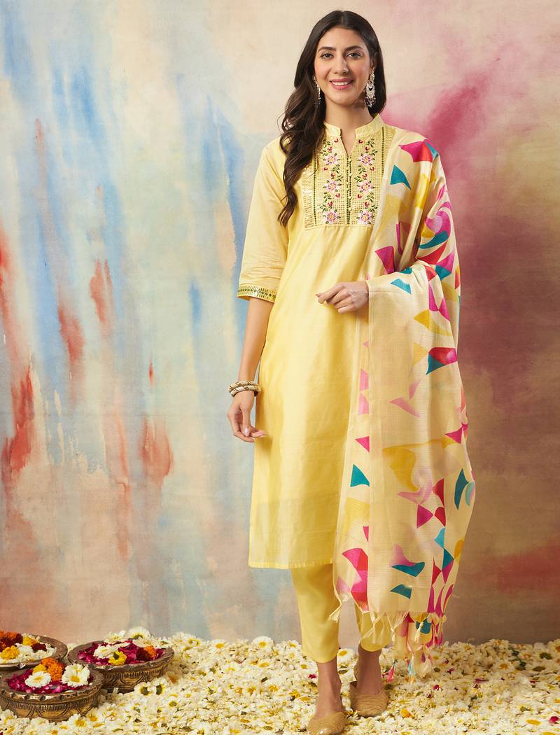 Yellow color chanderi modal ethnic fancy partywear suit with classy looks