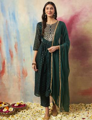Green color cotton silk fancy partywear suit with classy looks 1