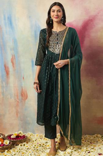 Green color cotton silk ethnic fancy partywear suit with classy looks