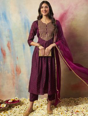 Purple color cotton silk fancy partywear suit with classy looks 1