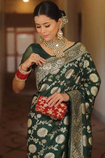 Green soft silk blend banarasi jacuard work designer saree with blouse