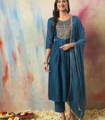 Teal color cotton silk ethnic fancy partywear suit with classy looks