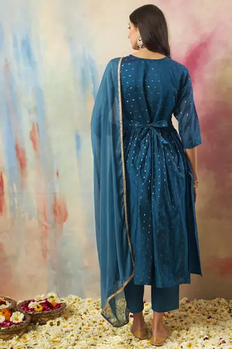 Teal color cotton silk fancy partywear suit with classy looks