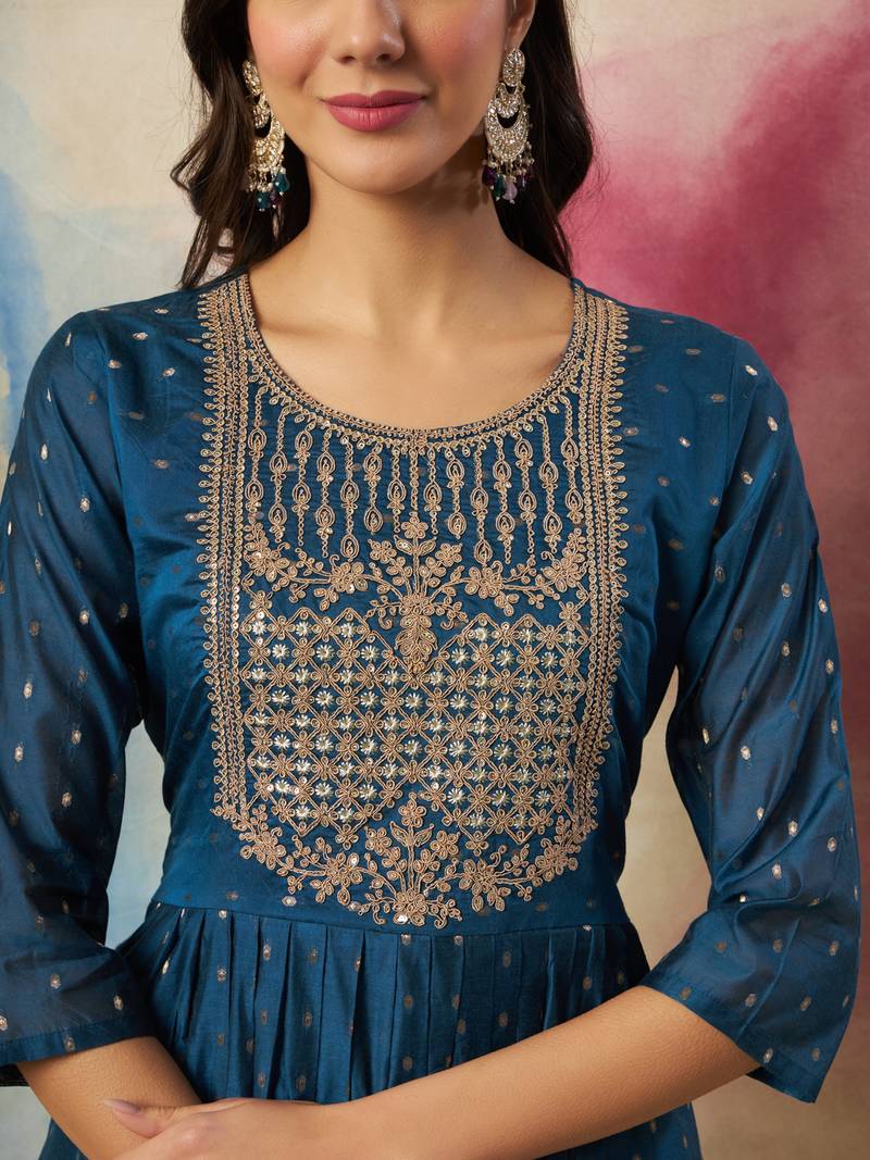 Teal color cotton silk ethnic fancy partywear suit with classy looks