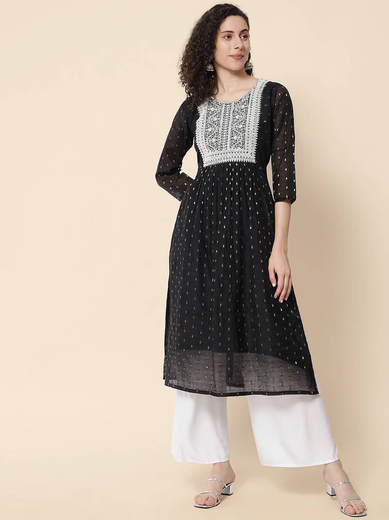 Black color chanderi modal fabric with beautiful embroidered work fancy looks