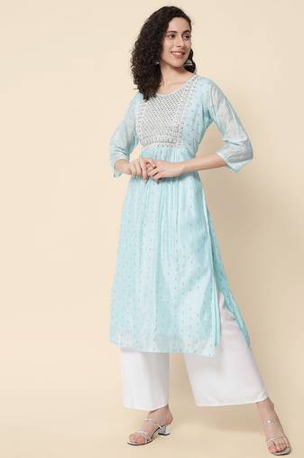 Sky blue color chanderi modal fabric with beautiful embroidered work fancy looks