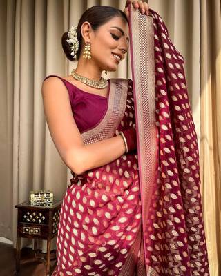 Wine silk blend banarasi jaquard designer saree with blouse 1
