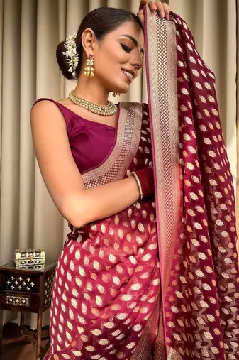 Wine soft silk blend banarasi jacuard work designer saree with blouse