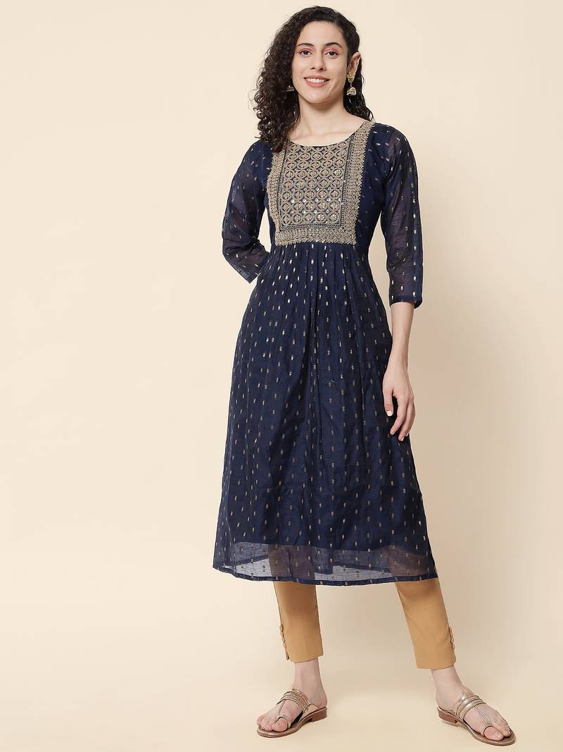 Navy blue color chanderi modal fabric with beautiful embroidered work fancy looks