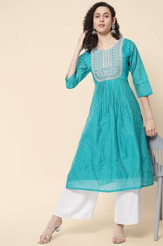 Sea green color chanderi modal fabric with beautiful embroidered work fancy looks