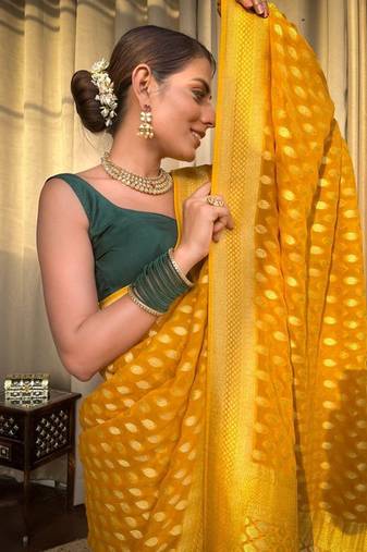 Yellow soft silk blend banarasi jacuard work designer saree with blouse
