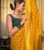 Yellow soft silk blend banarasi jacuard work designer saree with blouse