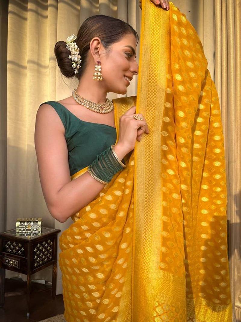 Yellow soft silk blend banarasi jacuard work designer saree with blouse