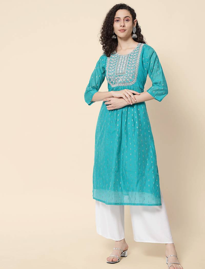 Sea green color chanderi modal fabric with beautiful embroidered work fancy looks