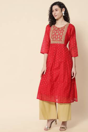 Red color chanderi modal fabric with beautiful embroidered work fancy looks