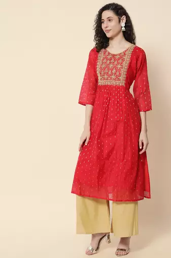 Red color chanderi modal fabric with beautiful embroidered work fancy looks