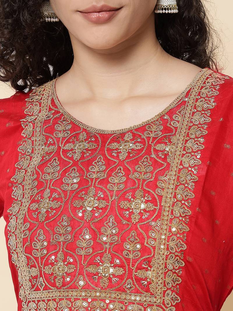 Red color chanderi modal fabric with beautiful embroidered work fancy looks