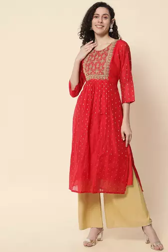Red color chanderi modal with beautiful embroidered fancy looks